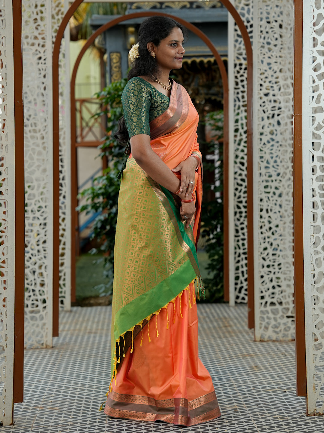 Peach Orange & Green Soft Silk Saree
