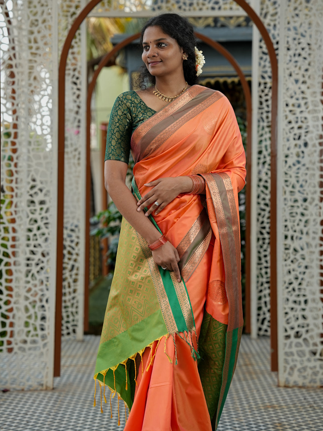 Peach Orange & Green Soft Silk Saree
