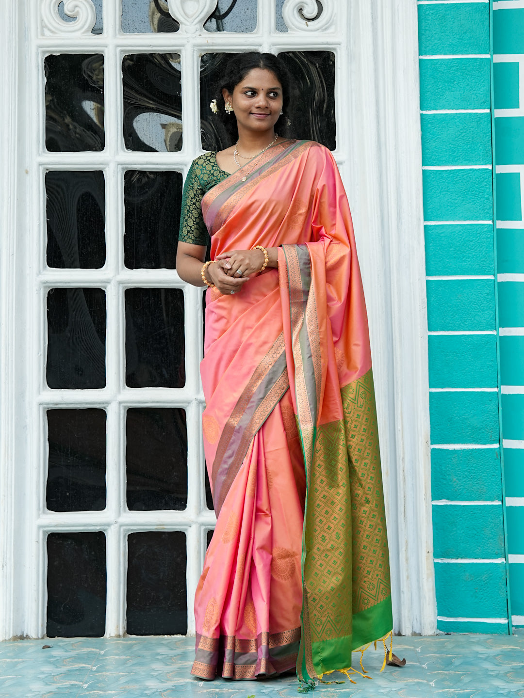 Peach Pink & Green Soft Silk Saree