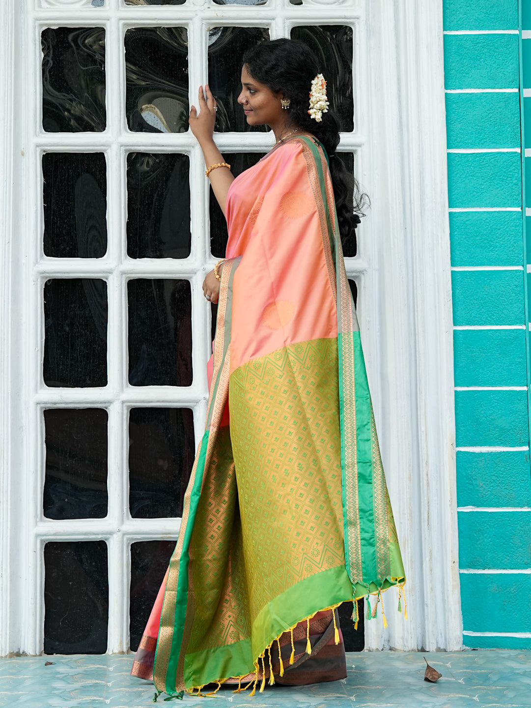 Peach Pink & Green Soft Silk Saree
