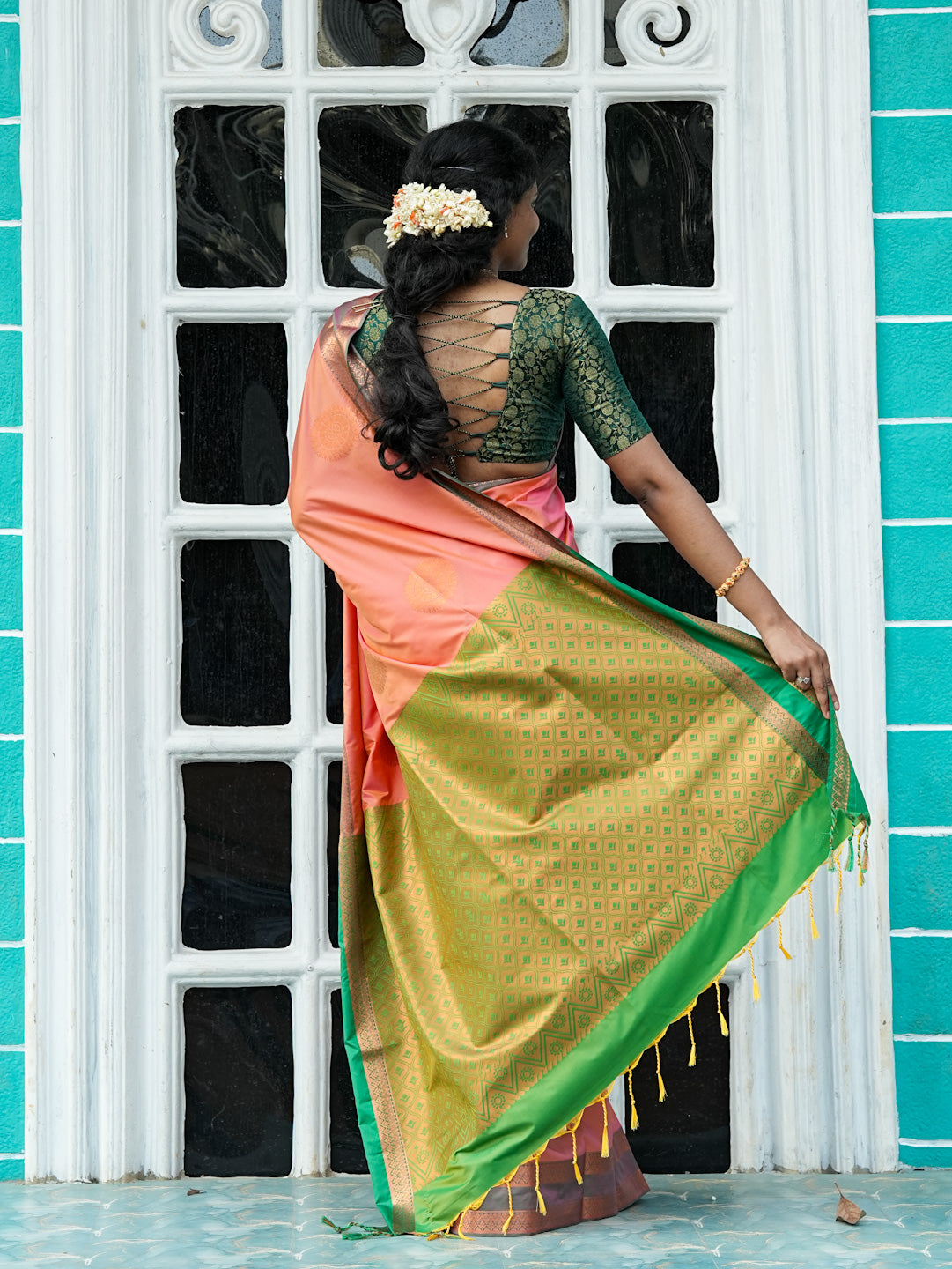 Peach Pink & Green Soft Silk Saree