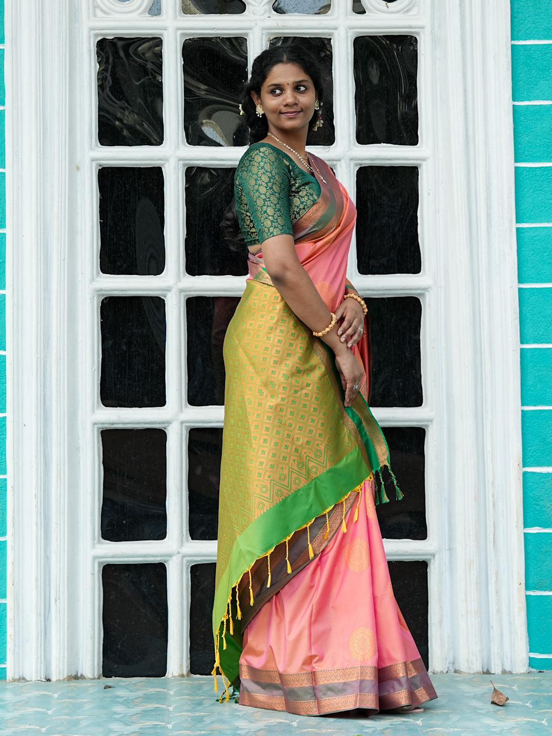 Peach Pink & Green Soft Silk Saree
