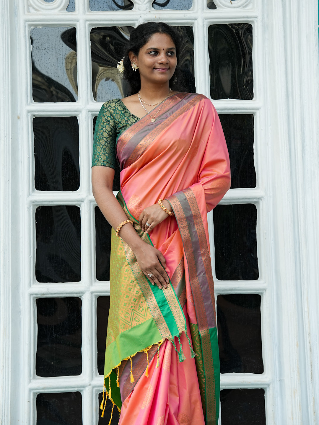 Peach Pink & Green Soft Silk Saree
