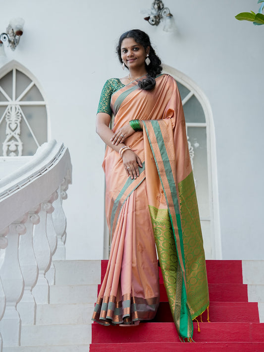 Peach & Green Soft Silk Saree