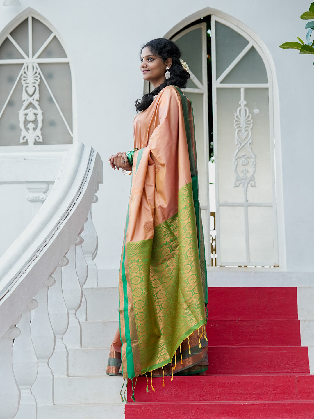 Peach & Green Soft Silk Saree