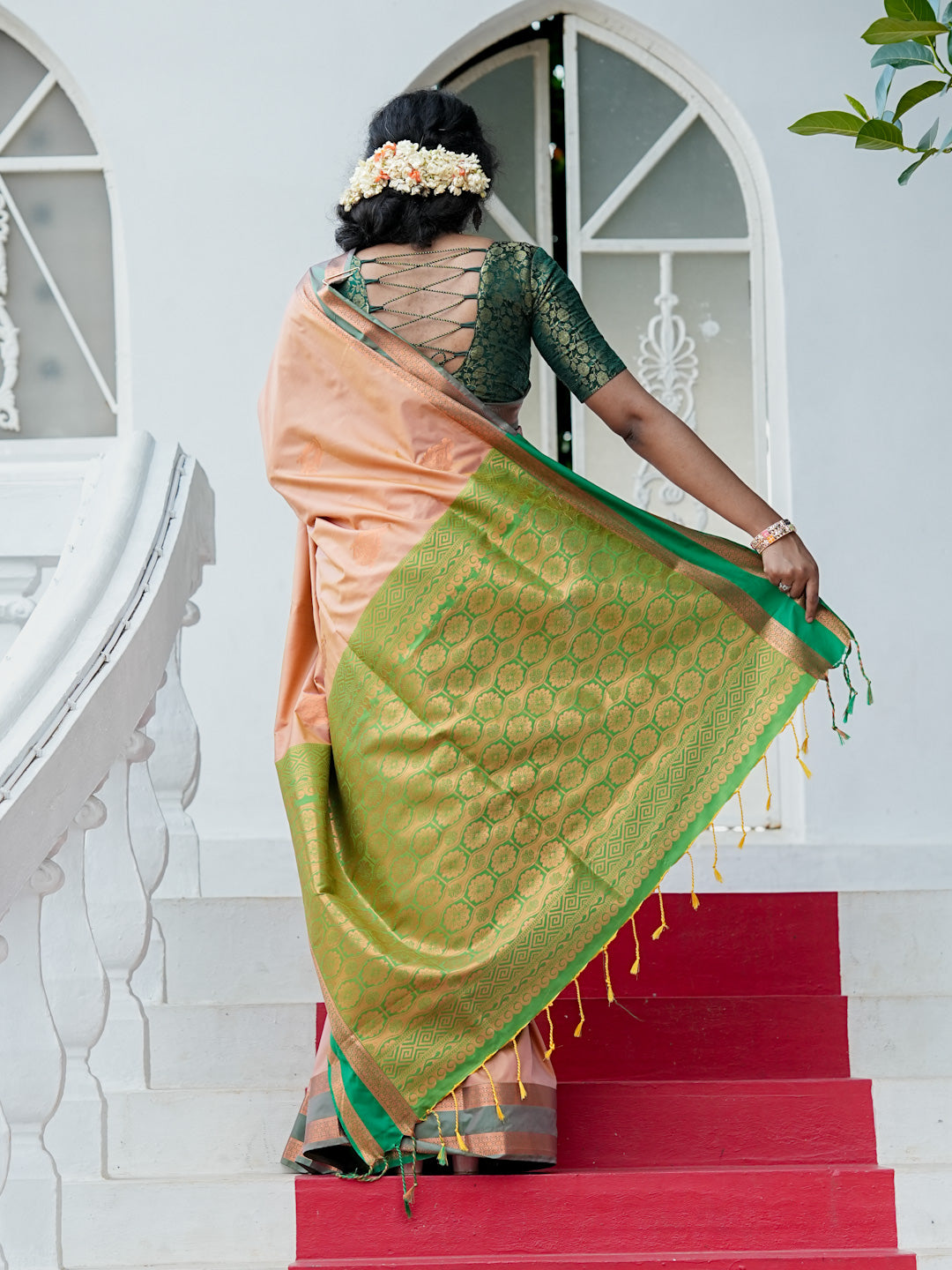 Peach & Green Soft Silk Saree