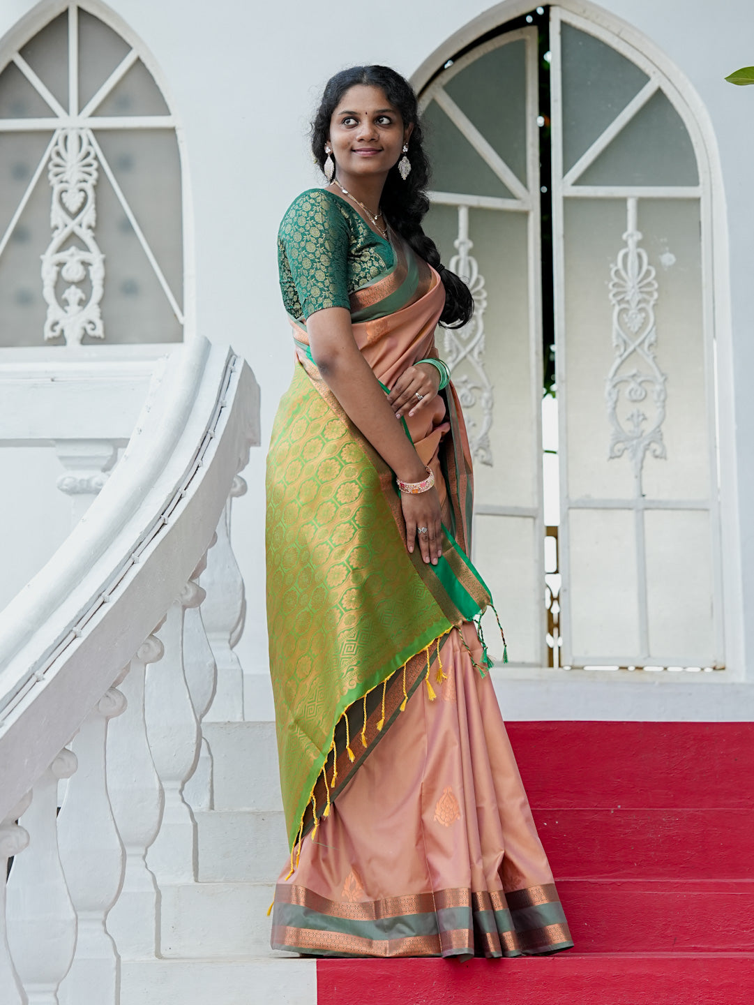 Peach & Green Soft Silk Saree