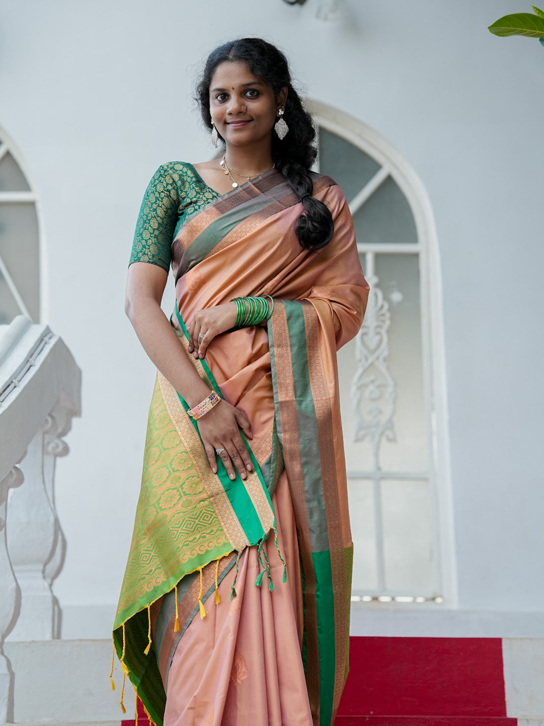 Peach & Green Soft Silk Saree