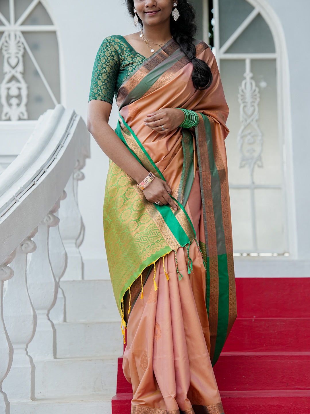 Peach & Green Soft Silk Saree