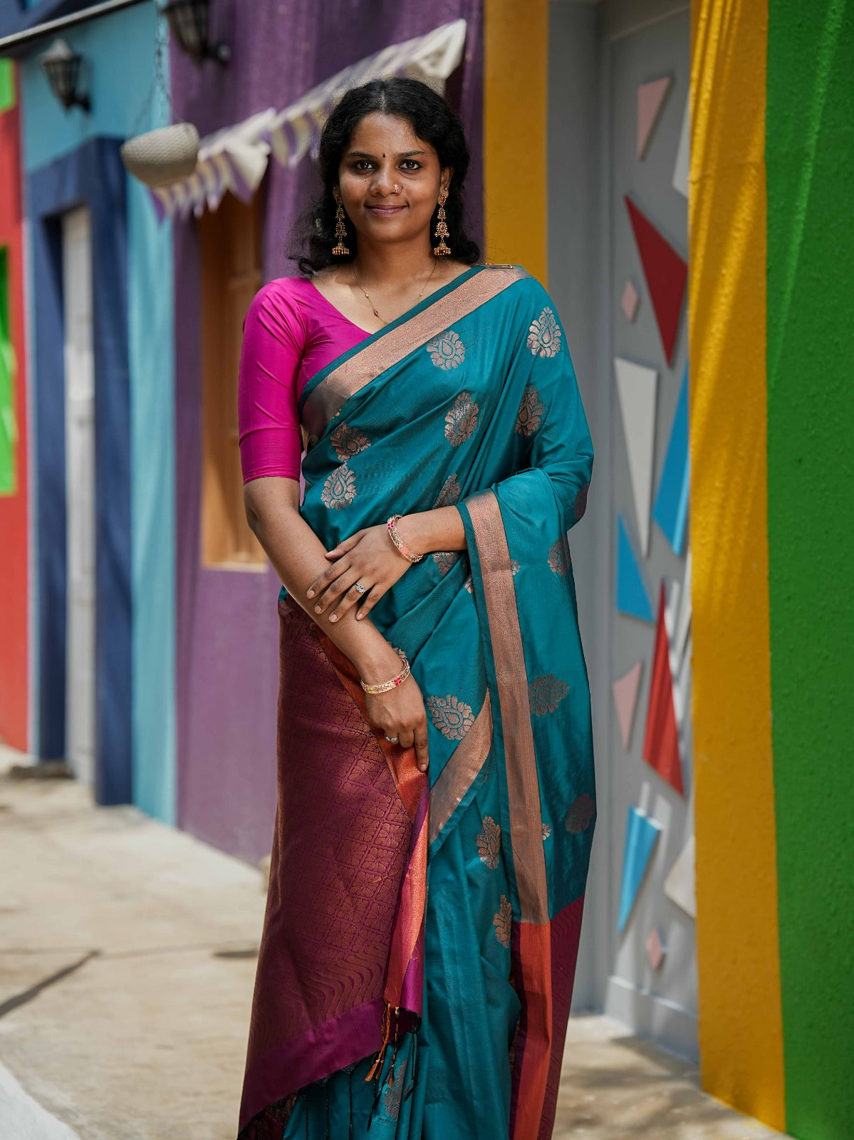 Teal Blue & Pink Soft Silk Saree