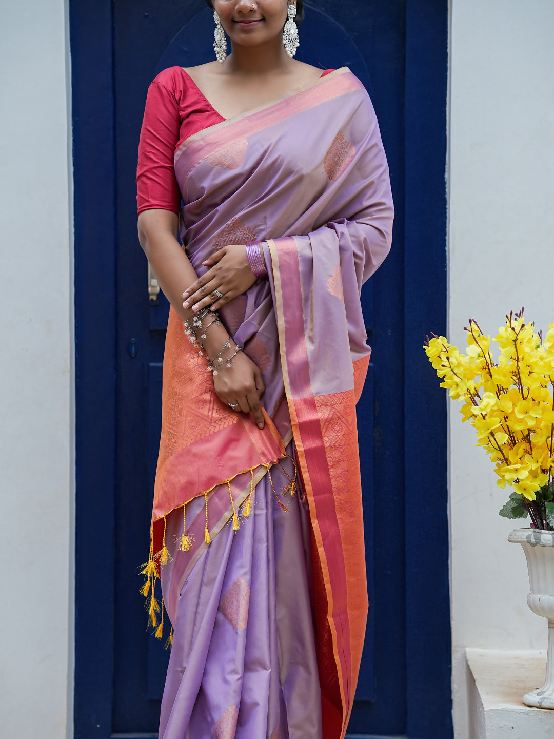 Dusty Lavender & Coral Pink Soft Silk Saree
