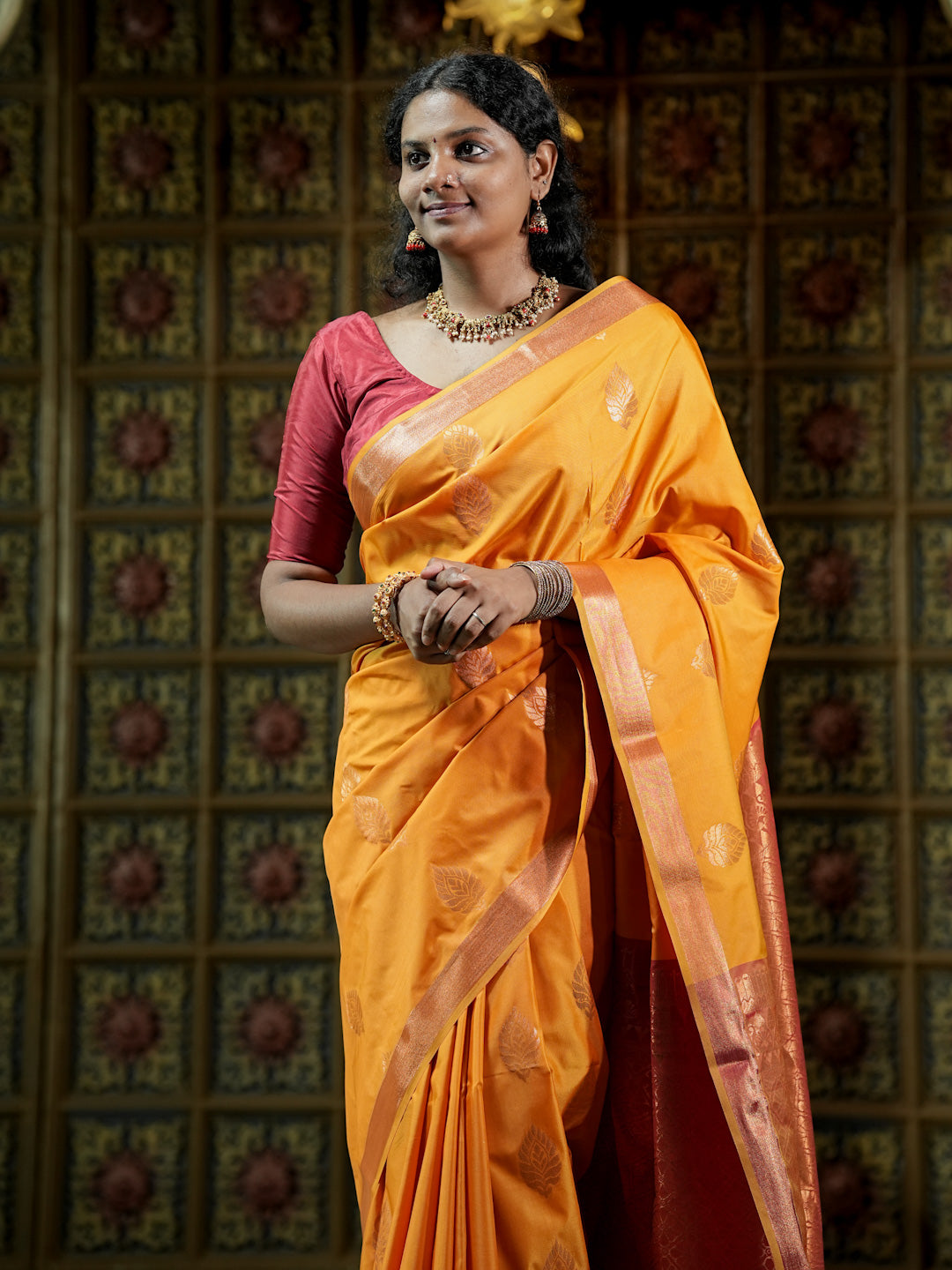 Mustard Yellow & Copper Pink Soft Silk Saree