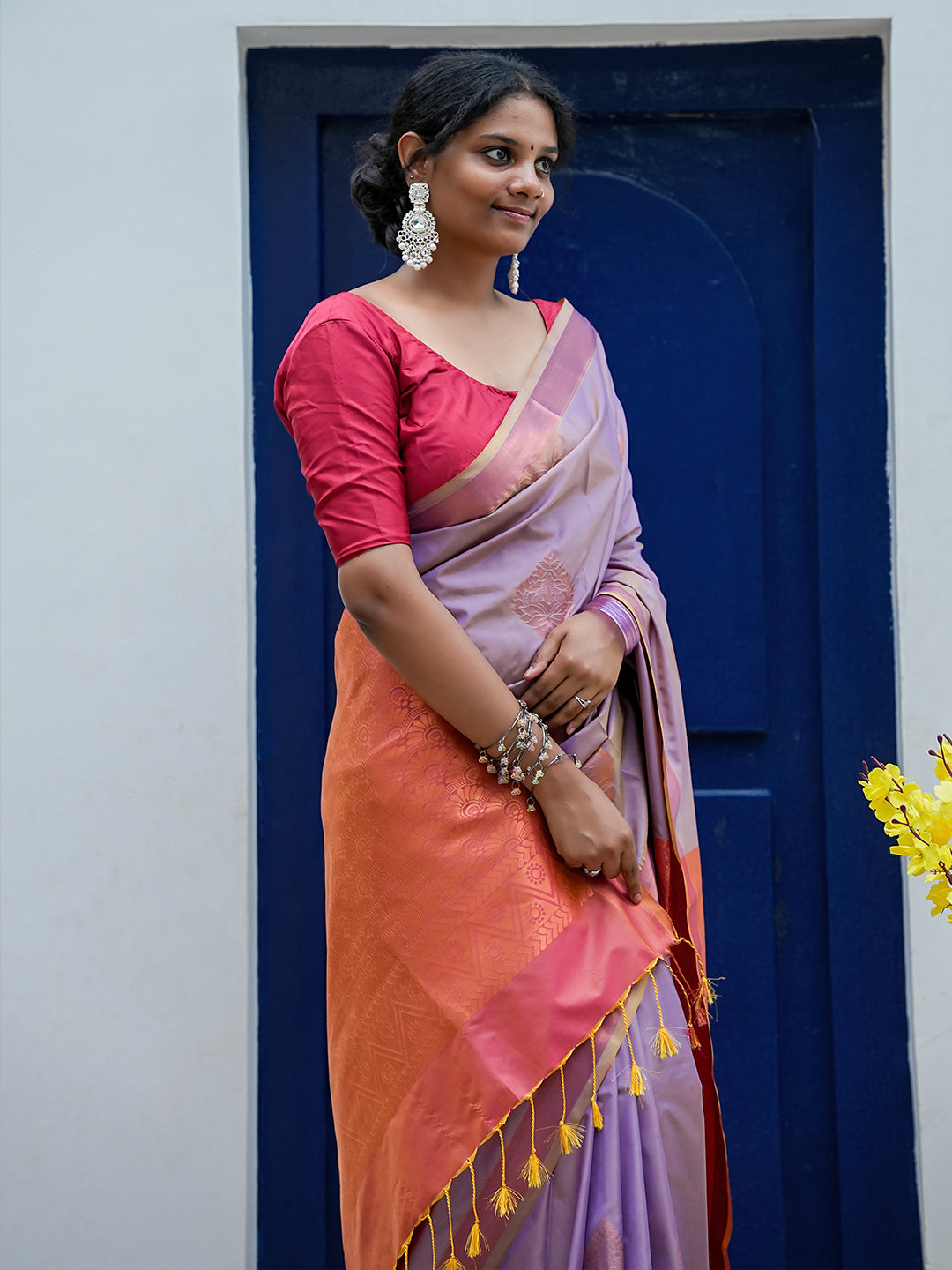 Dusty Lavender & Coral Pink Soft Silk Saree