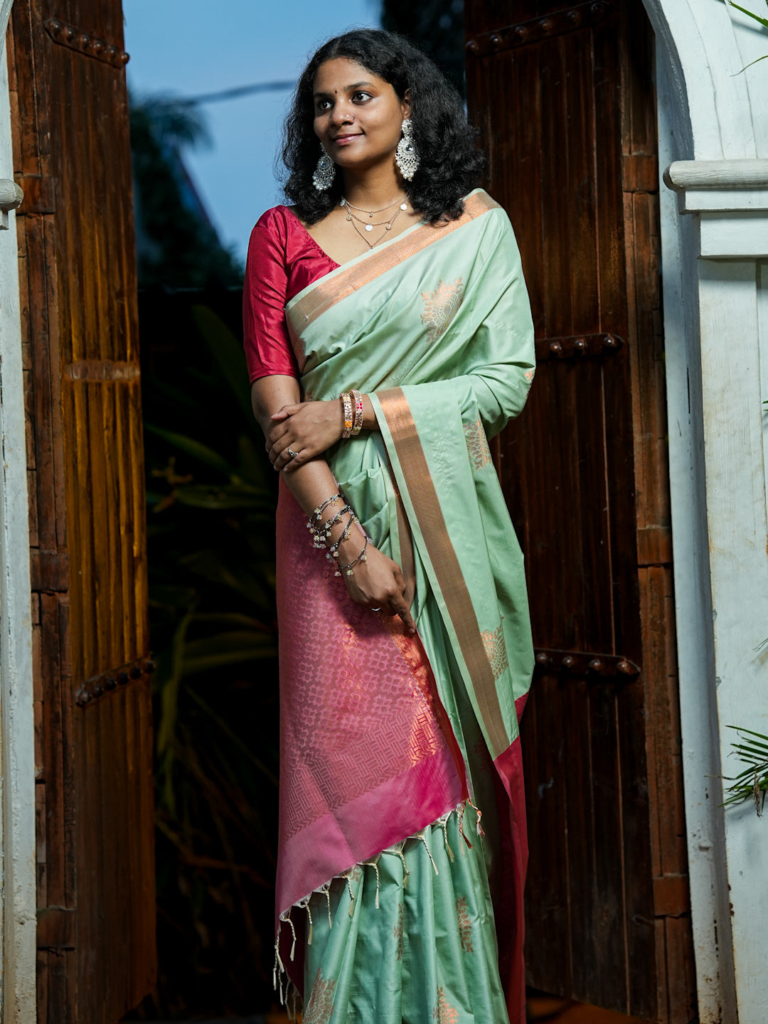 Mint Green & Pink Soft Silk Saree