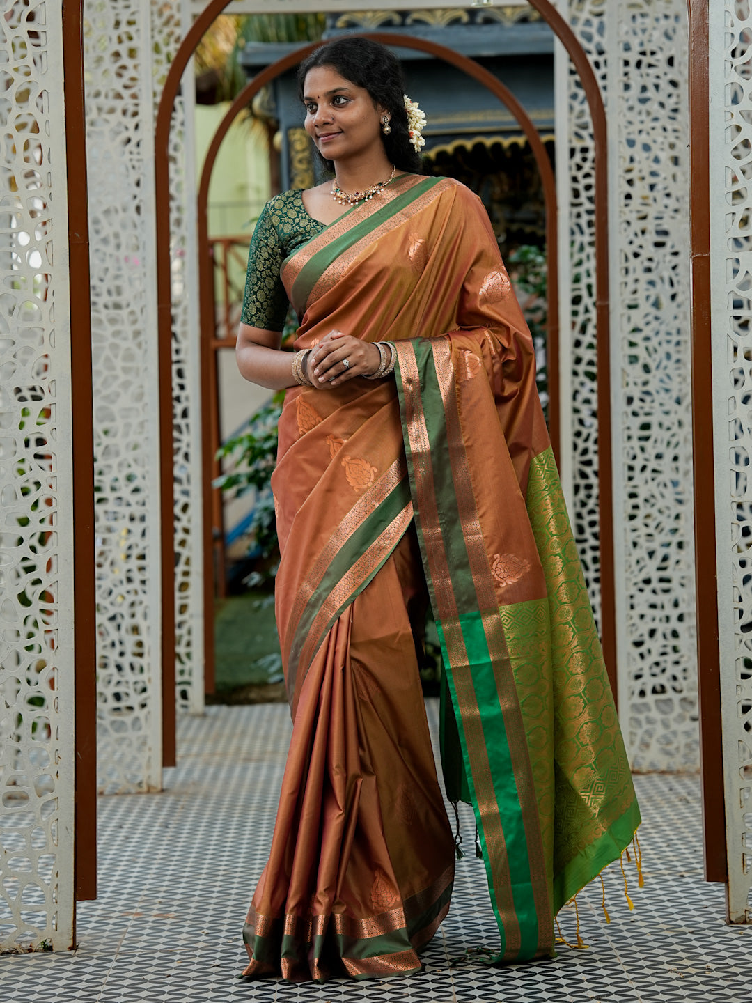 Rust Brown & Emerald Green Soft Silk Saree
