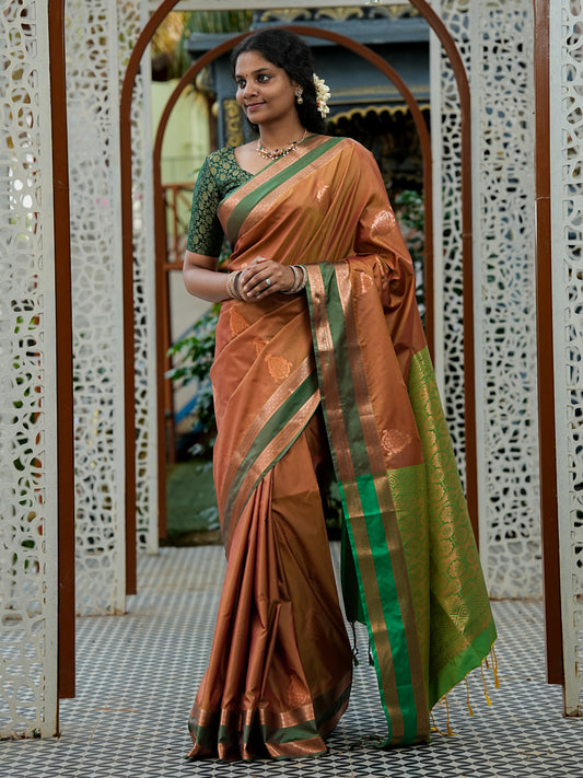 Rust Brown & Emerald Green Soft Silk Saree