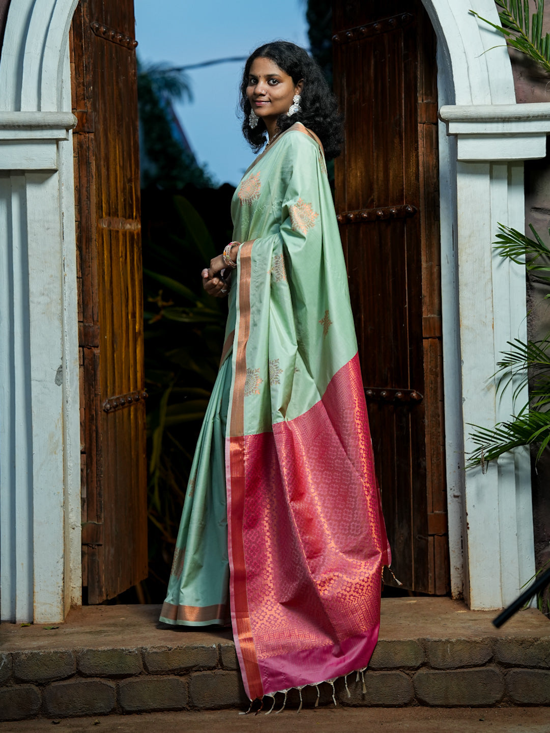 Mint Green & Pink Soft Silk Saree