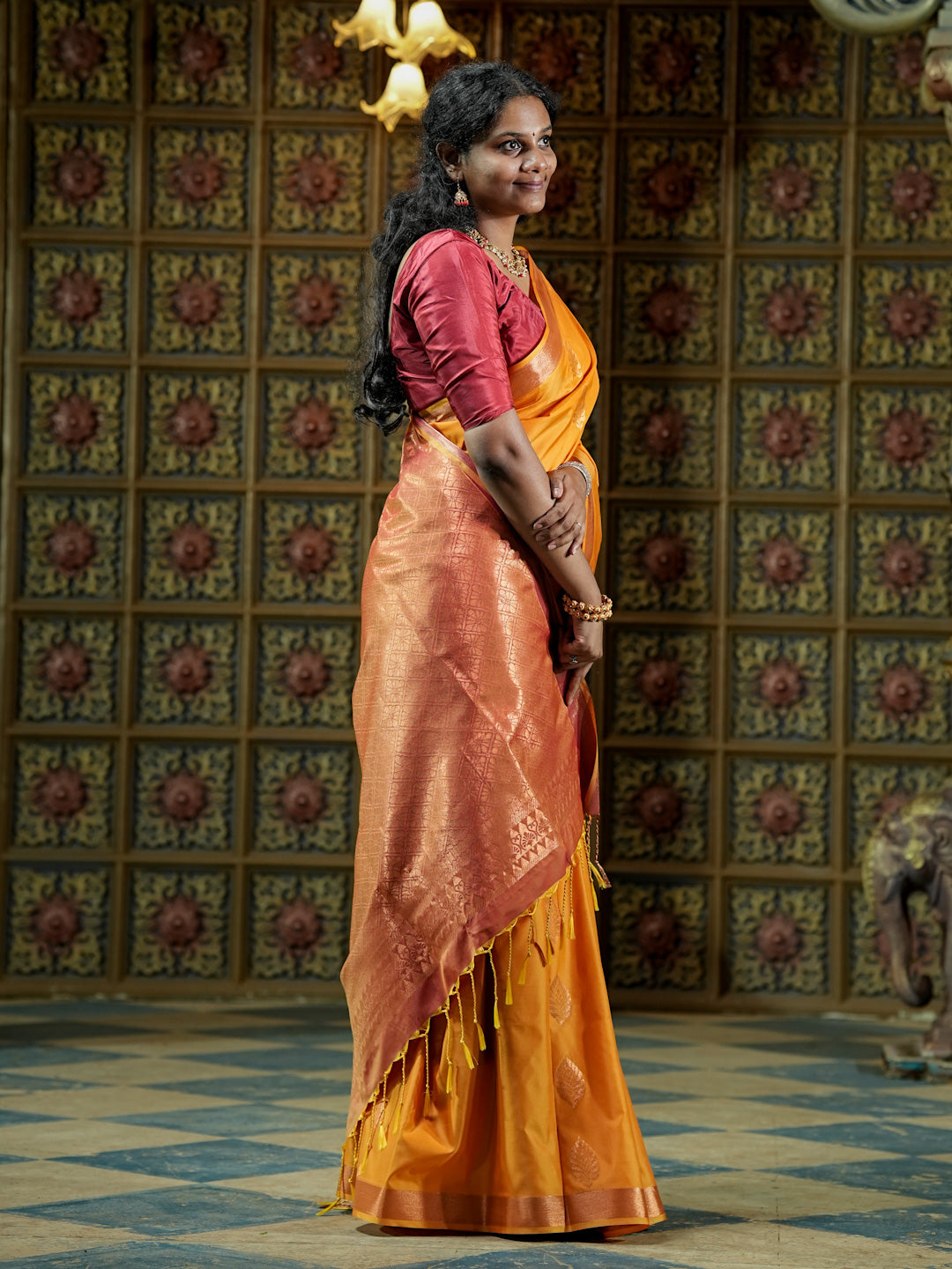 Mustard Yellow & Copper Pink Soft Silk Saree