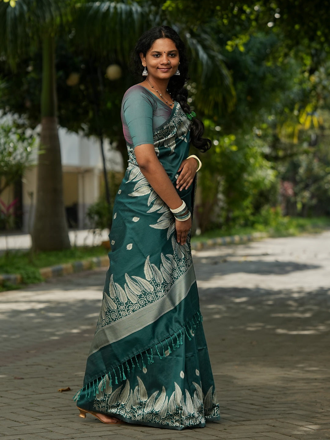 Deep Teal Green Spun Cotton Saree