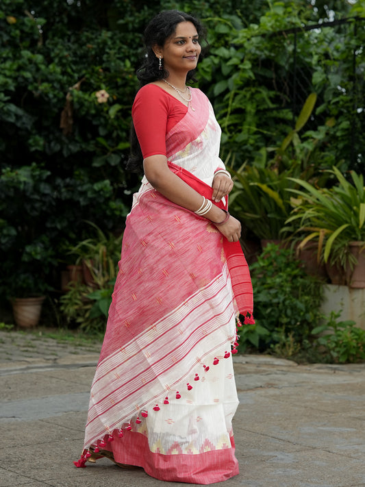 Off White & Red Saree Slub Cotton Saree
