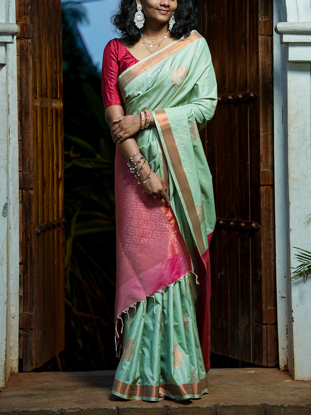 Mint Green & Pink Soft Silk Saree