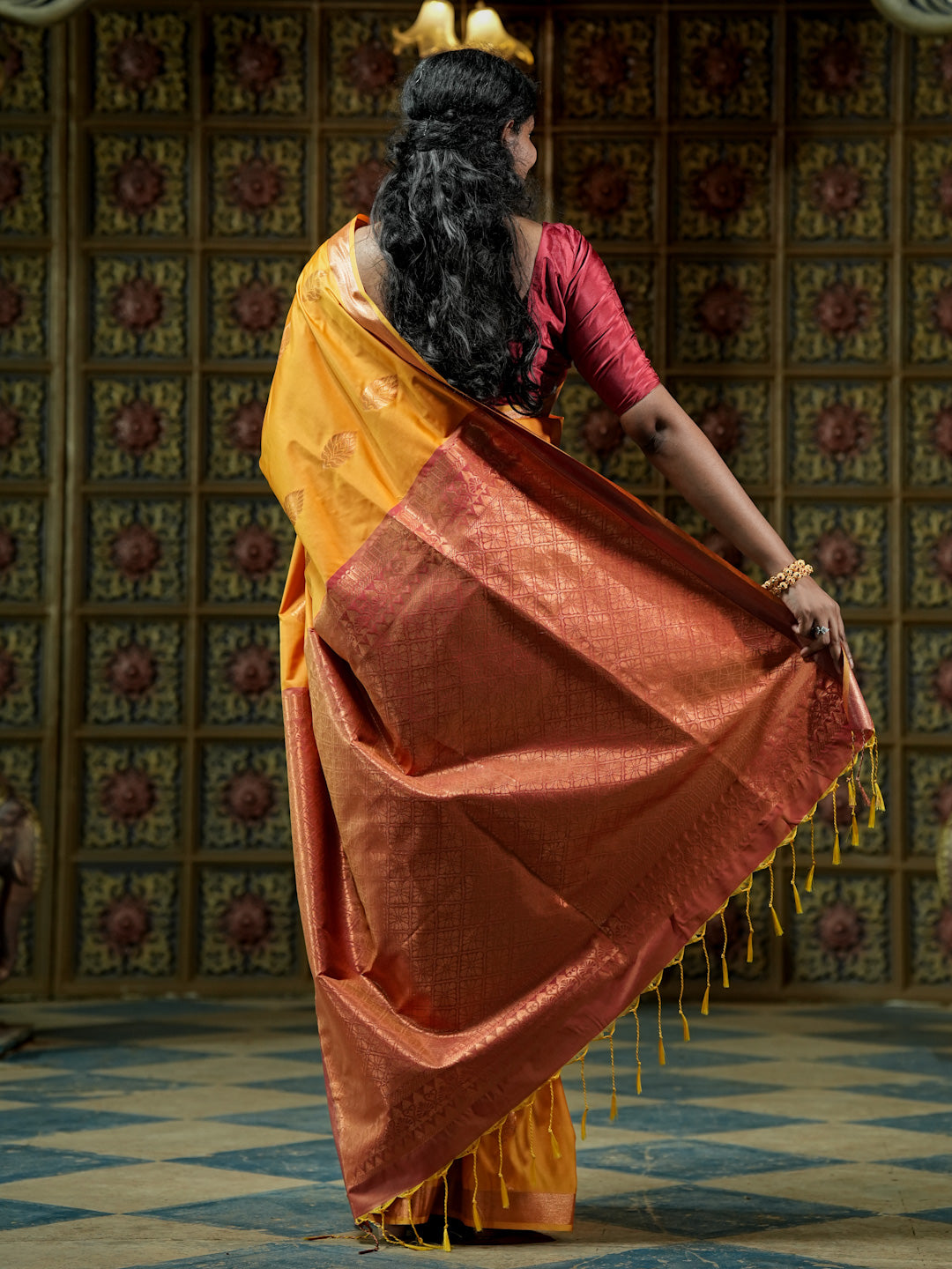 Mustard Yellow & Copper Pink Soft Silk Saree