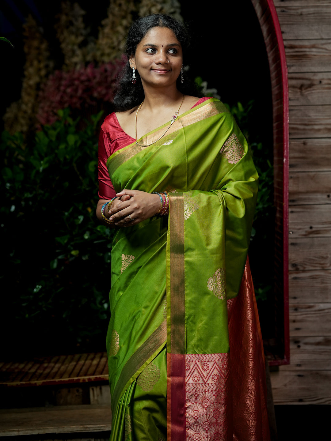 Parrot Green & Coppery Pink-Maroon Soft Silk Saree