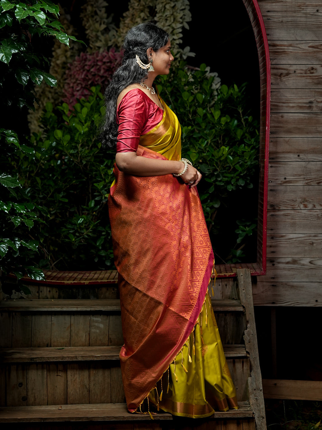 Mustard Yellow & Coppery Pink-Maroon Soft Silk Saree