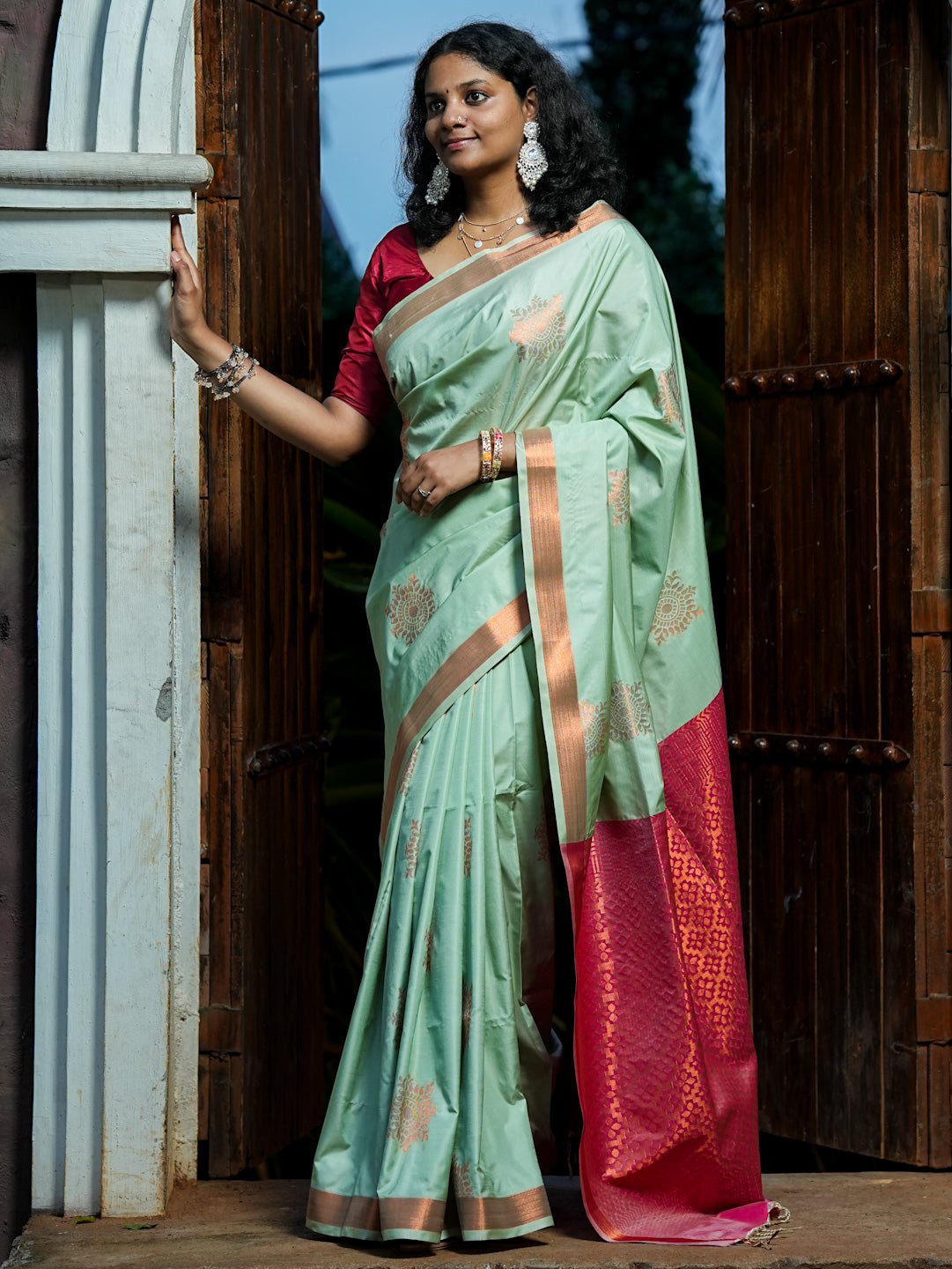 Mint Green & Pink Soft Silk Saree