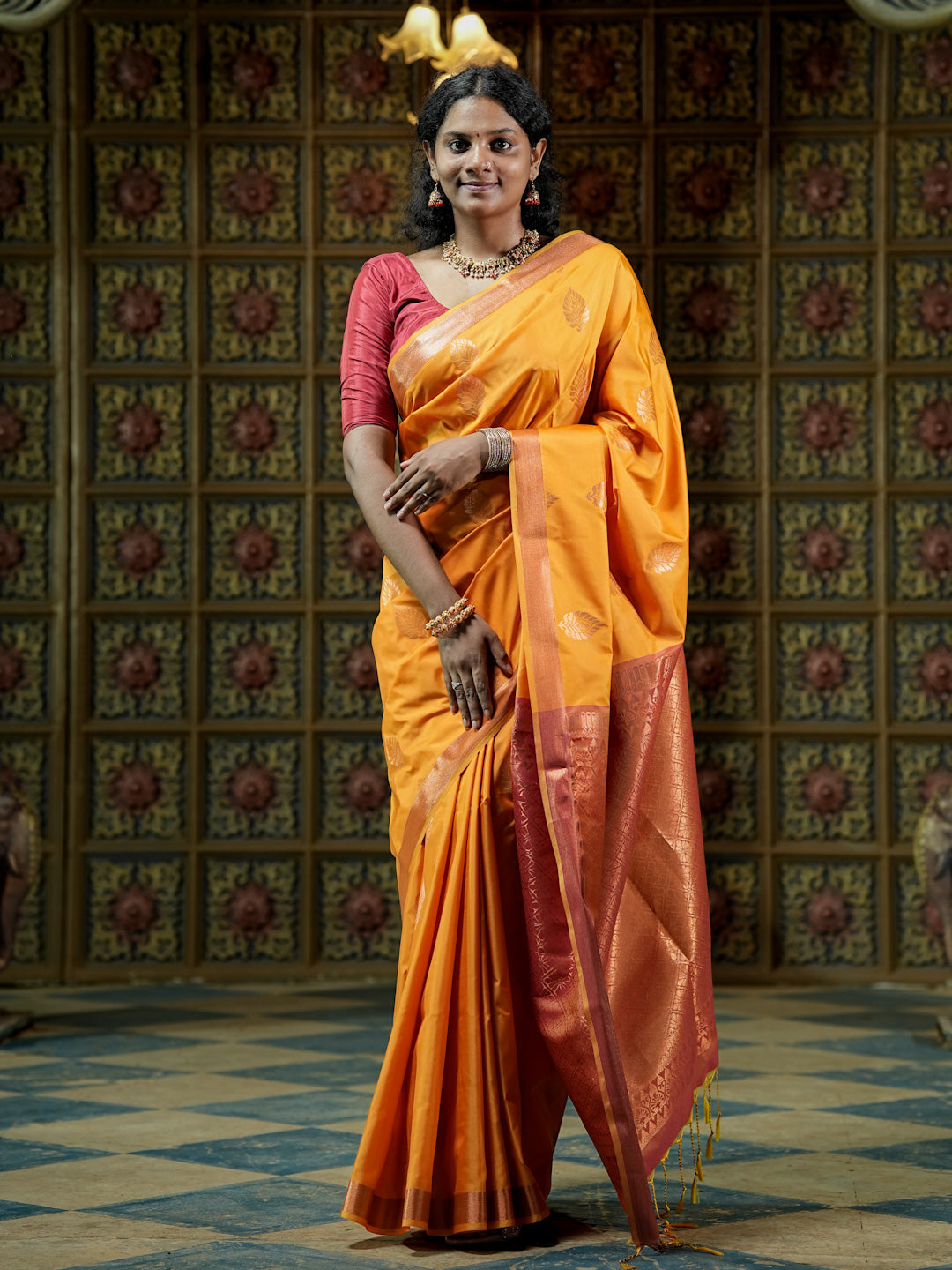Mustard Yellow & Copper Pink Soft Silk Saree