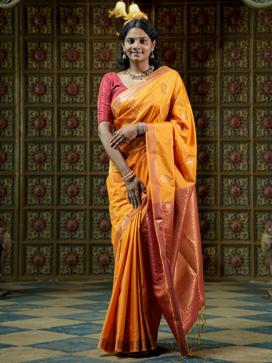Mustard Yellow & Copper Pink Soft Silk Saree