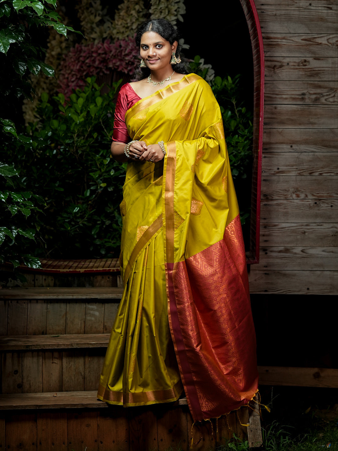Mustard Yellow & Coppery Pink-Maroon Soft Silk Saree
