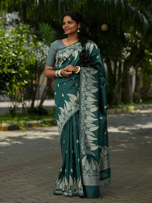 Deep Teal Green Spun Cotton Saree