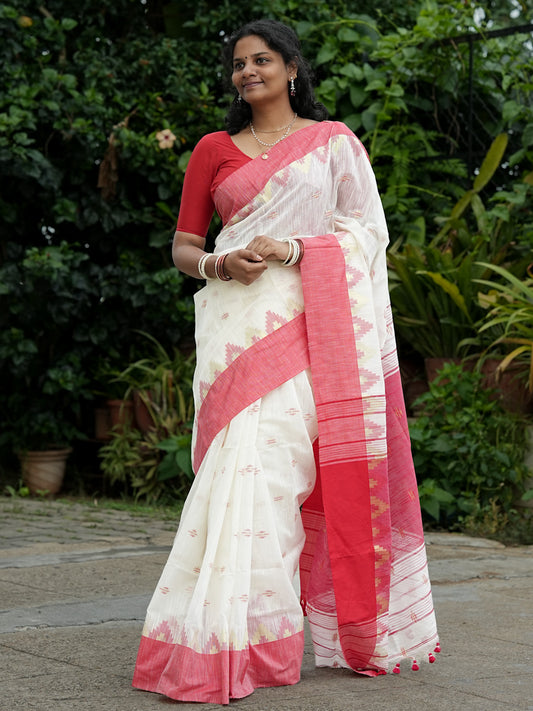 Off White & Red Saree Slub Cotton Saree