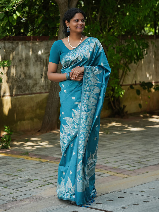 Teal Blue Spun Cotton Saree