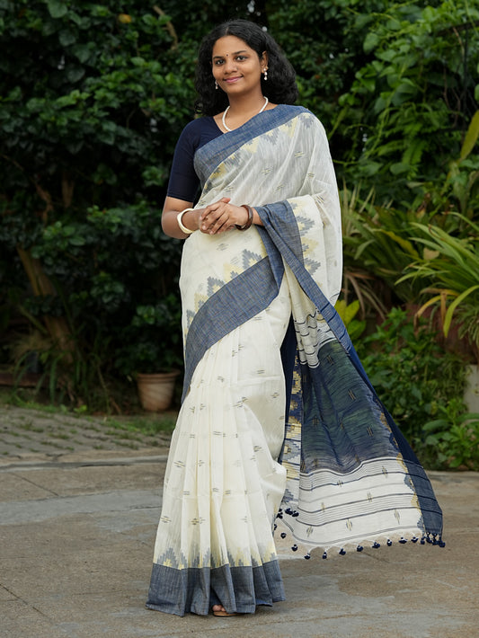 Off White & Navy Blue Slub Cotton Saree