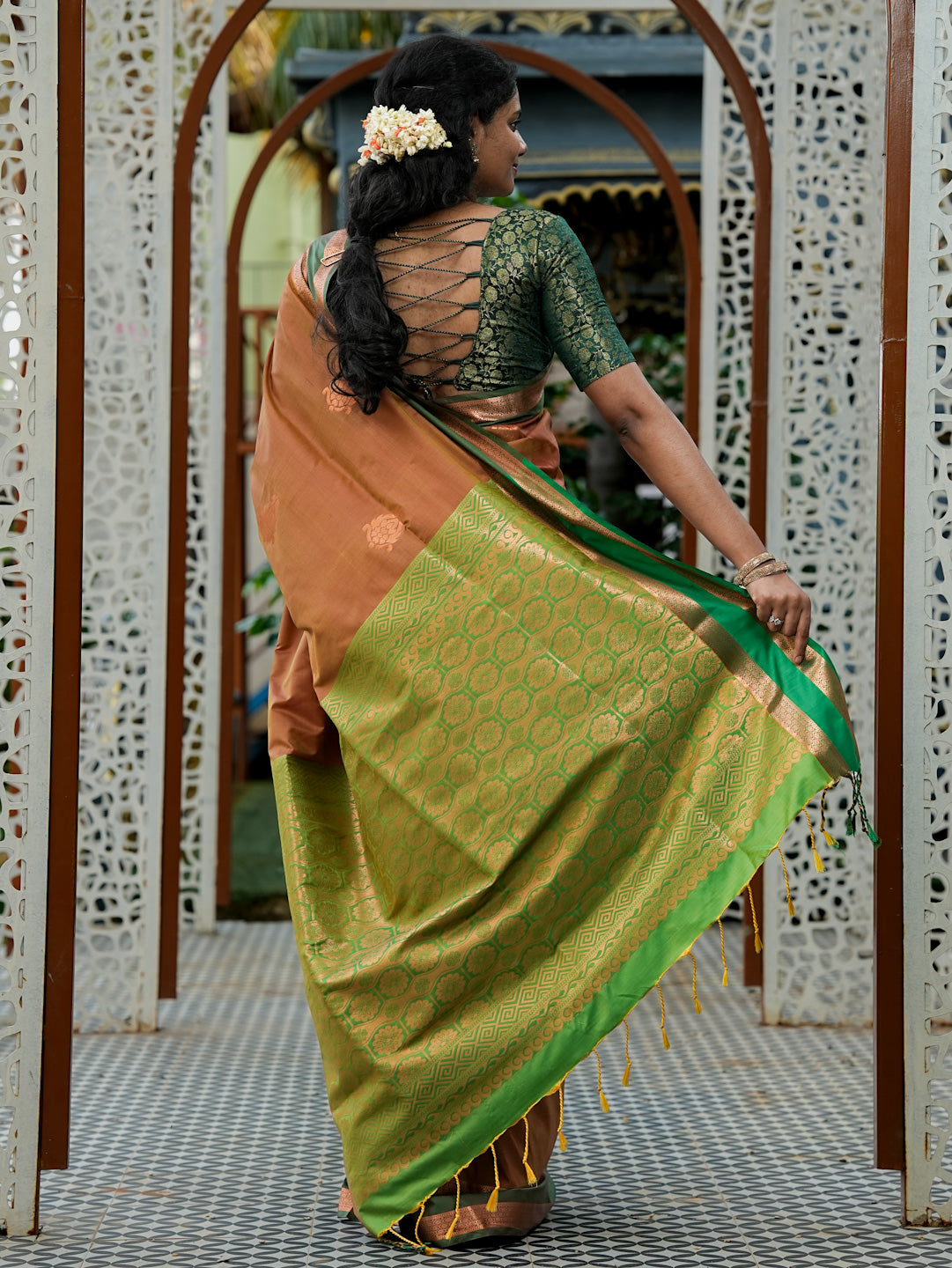 Rust Brown & Emerald Green Soft Silk Saree