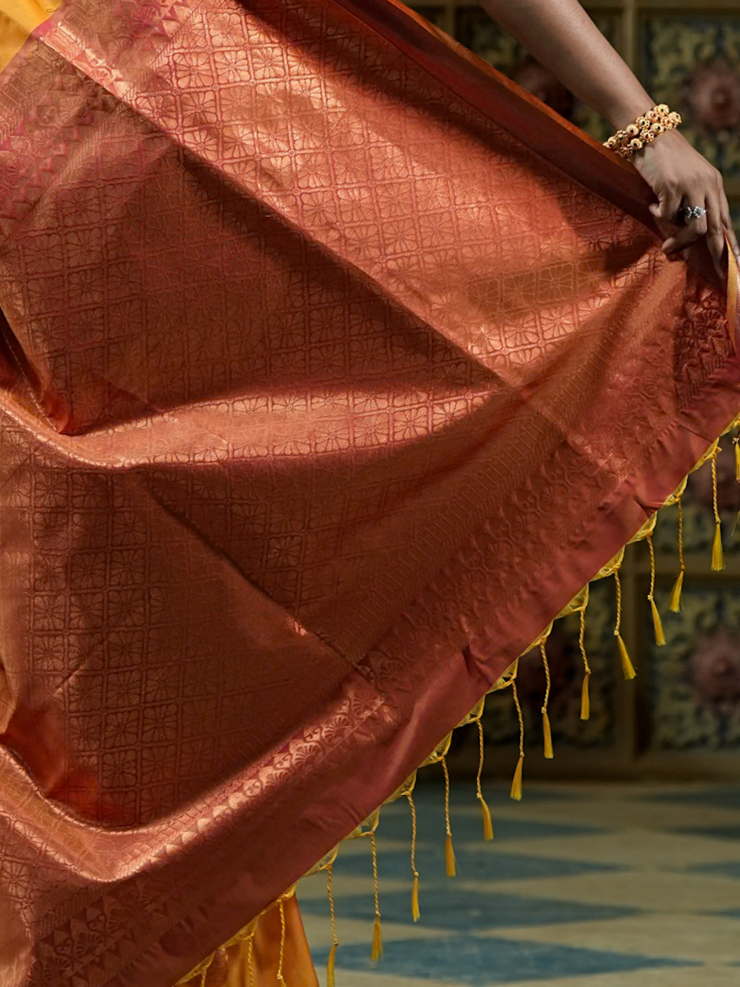 Mustard Yellow & Copper Pink Soft Silk Saree