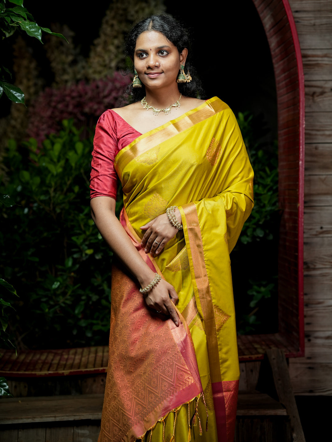 Mustard Yellow & Coppery Pink-Maroon Soft Silk Saree