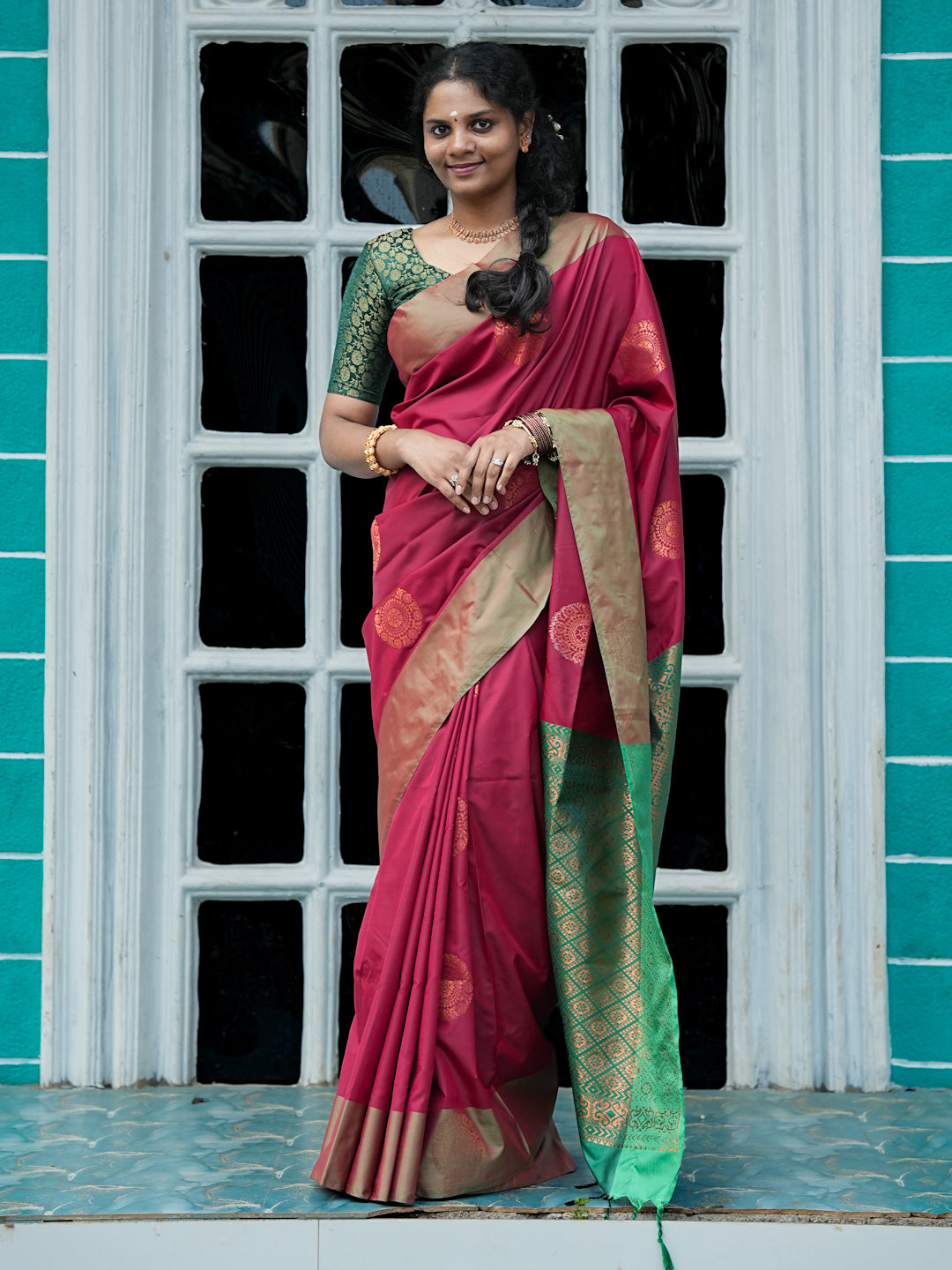 Ruby Maroon & Emerald Green Soft Silk Saree