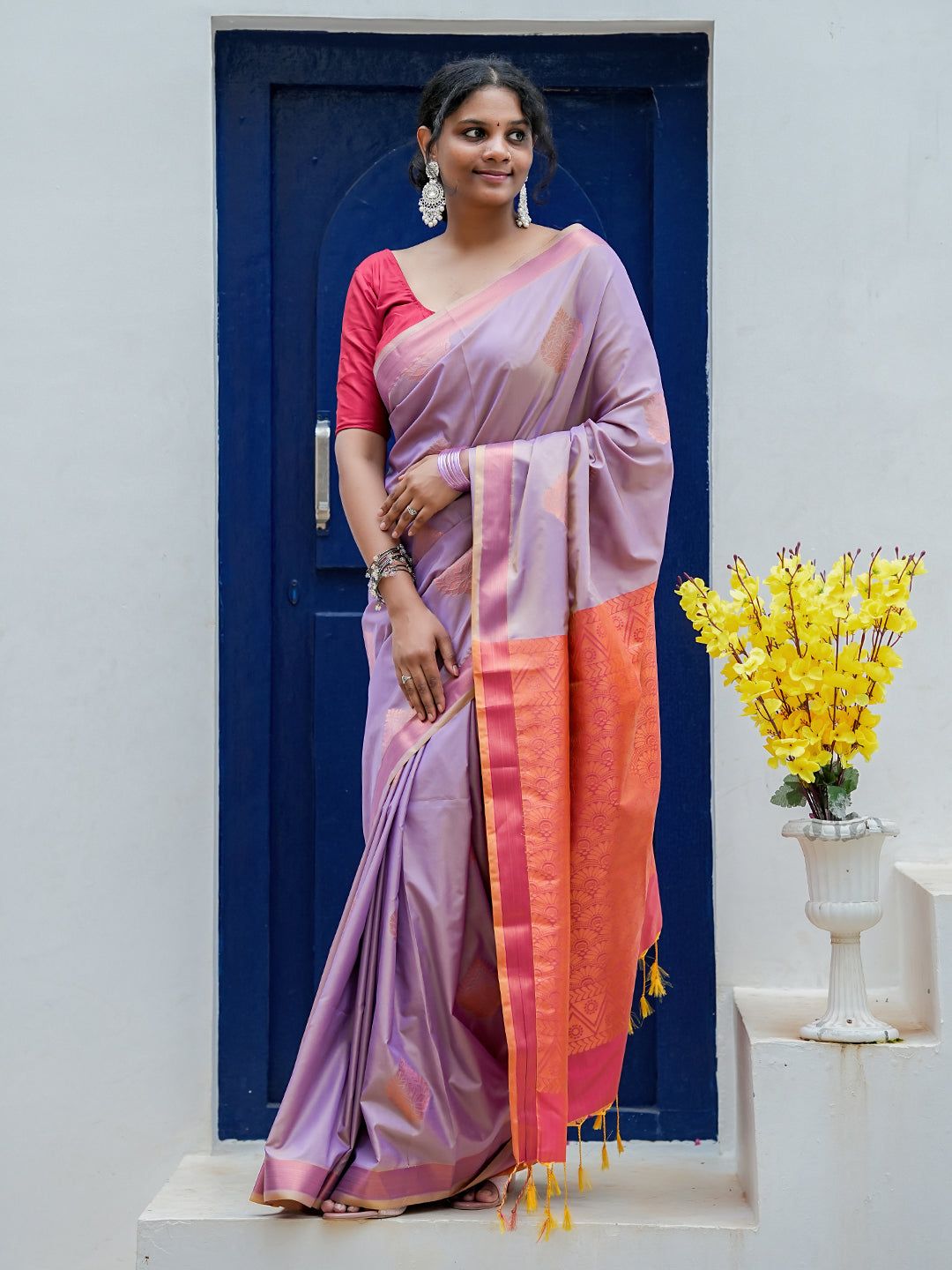 Dusty Lavender & Coral Pink Soft Silk Saree