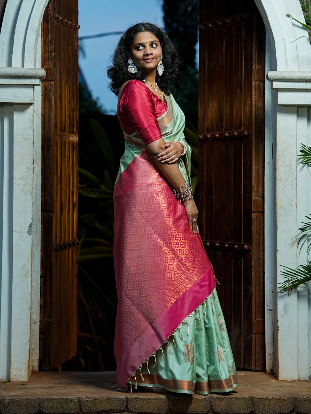 Mint Green & Pink Soft Silk Saree