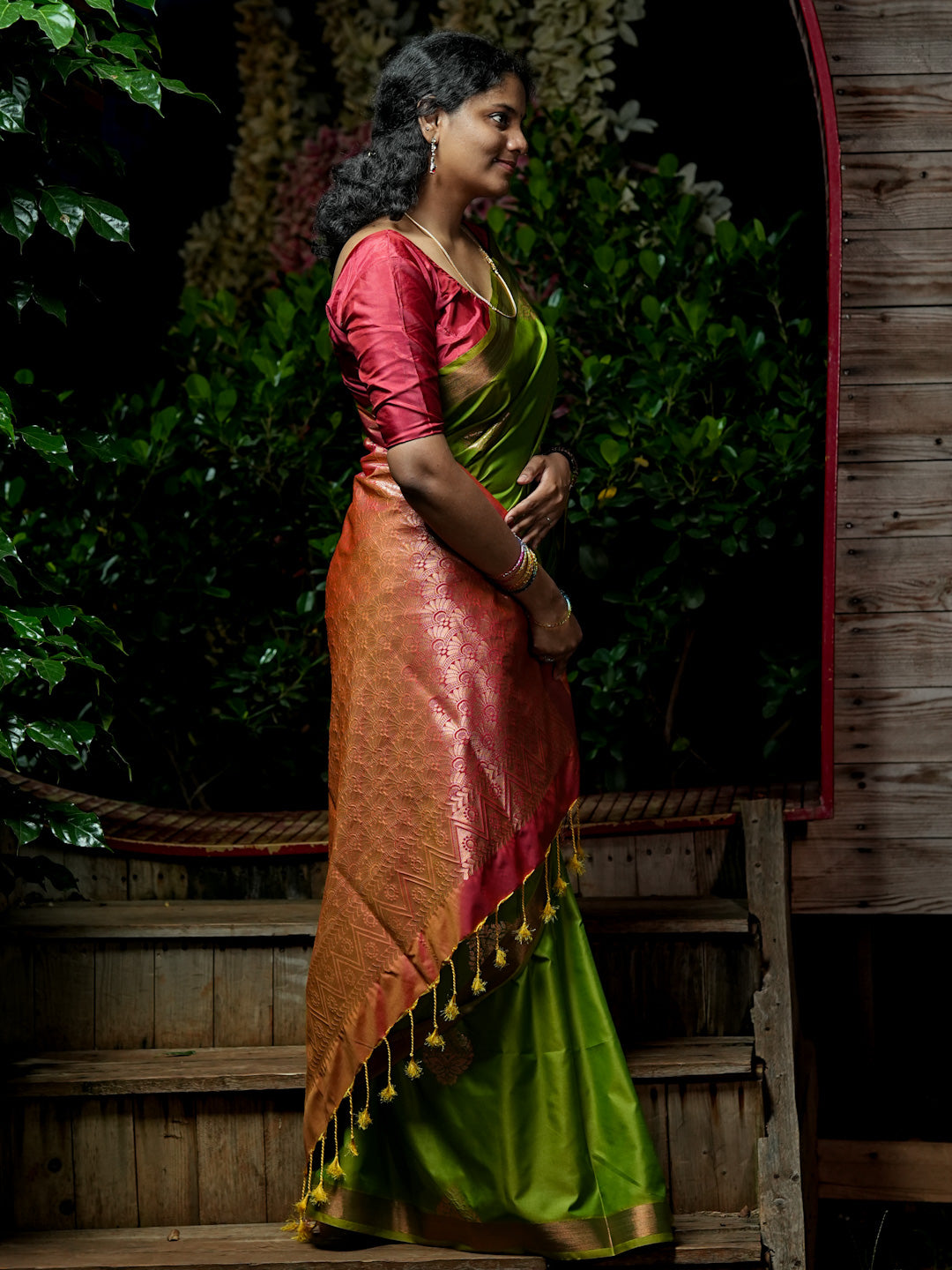Parrot Green & Coppery Pink-Maroon Soft Silk Saree