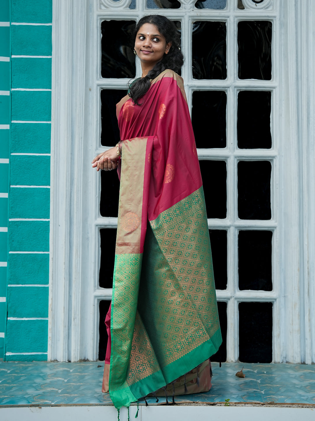 Ruby Maroon & Emerald Green Soft Silk Saree