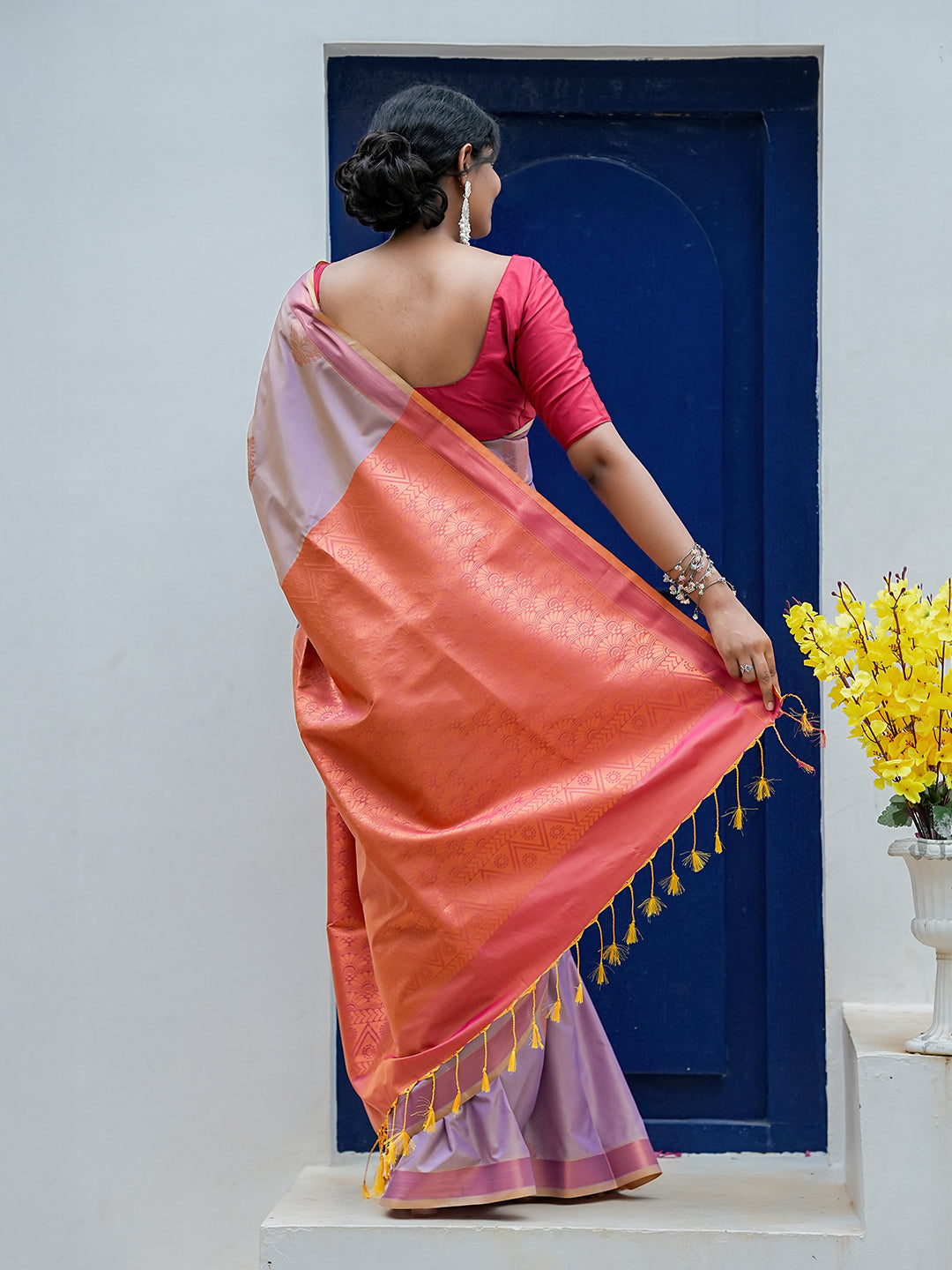 Dusty Lavender & Coral Pink Soft Silk Saree