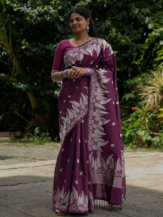 Wine Purple Spun Cotton Saree