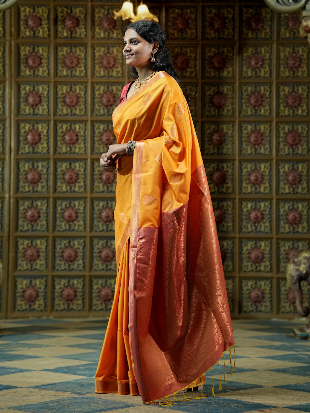 Mustard Yellow & Copper Pink Soft Silk Saree