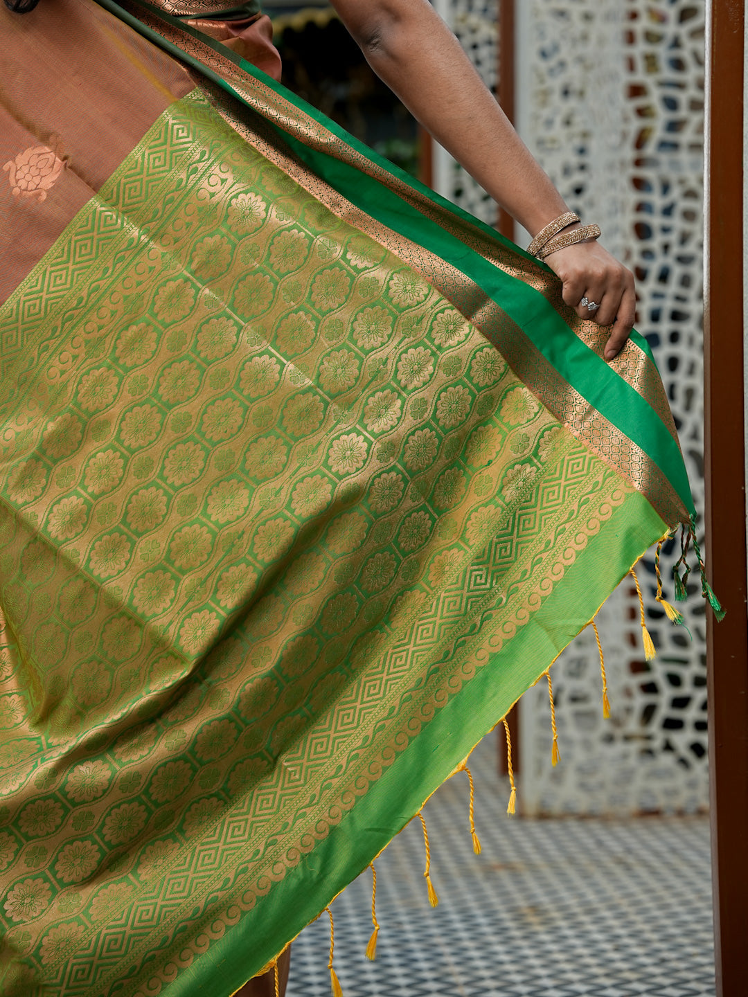 Rust Brown & Emerald Green Soft Silk Saree