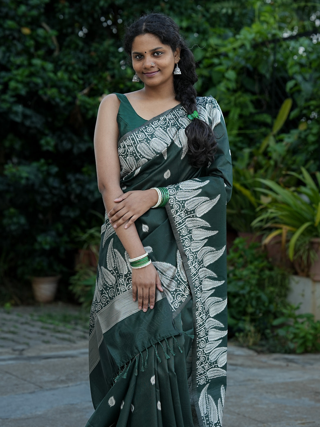 Bottle Green Spun Cotton Saree