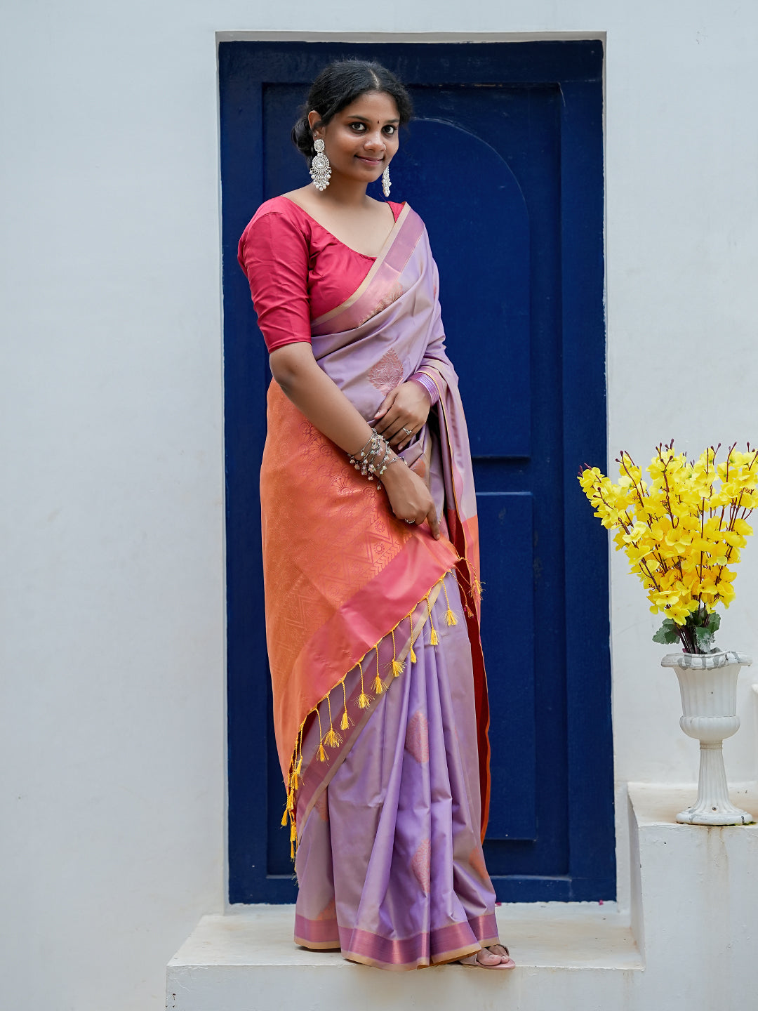 Dusty Lavender & Coral Pink Soft Silk Saree